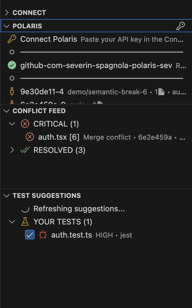 Polaris sidebar showing workspace, conflict feed, and test suggestions